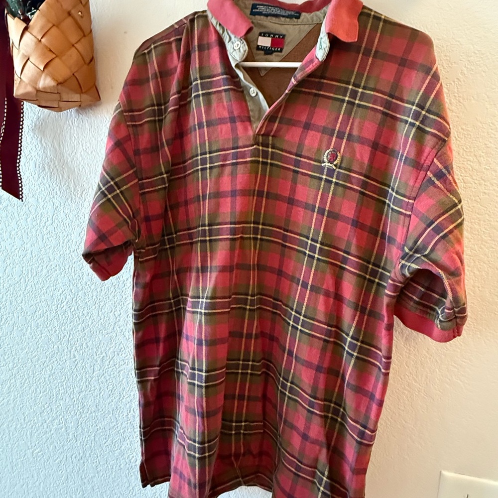 Vintage Tommy Hilfiger Red Plaid Polo with Yellow & Green Windowpane